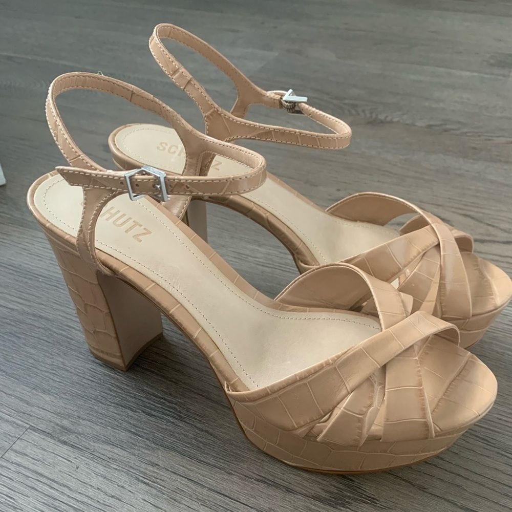 SCHUTZ Keefa Platform Heels Size 10 Nude Beige Croc Embossed Leather Sandals NWB - Picture 2 of 16